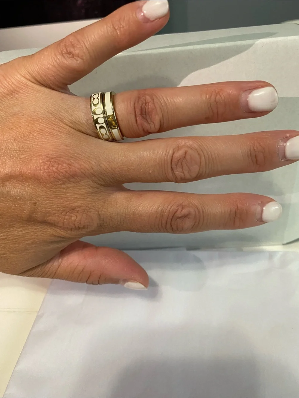 Coach Gold and White Signature Enamel Rings Size 6